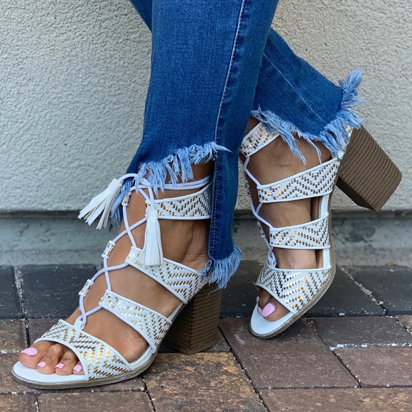 NIB Raffia Ghillie Tassel/Lace ColorBlock Sandals - Picture 6 of 8